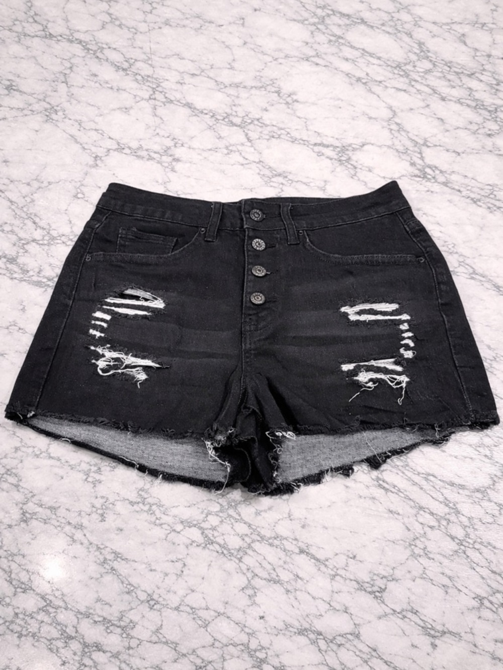 Black Distressed Denim Shorts Button Fly Raw Hem Small Boho Festival NWOT